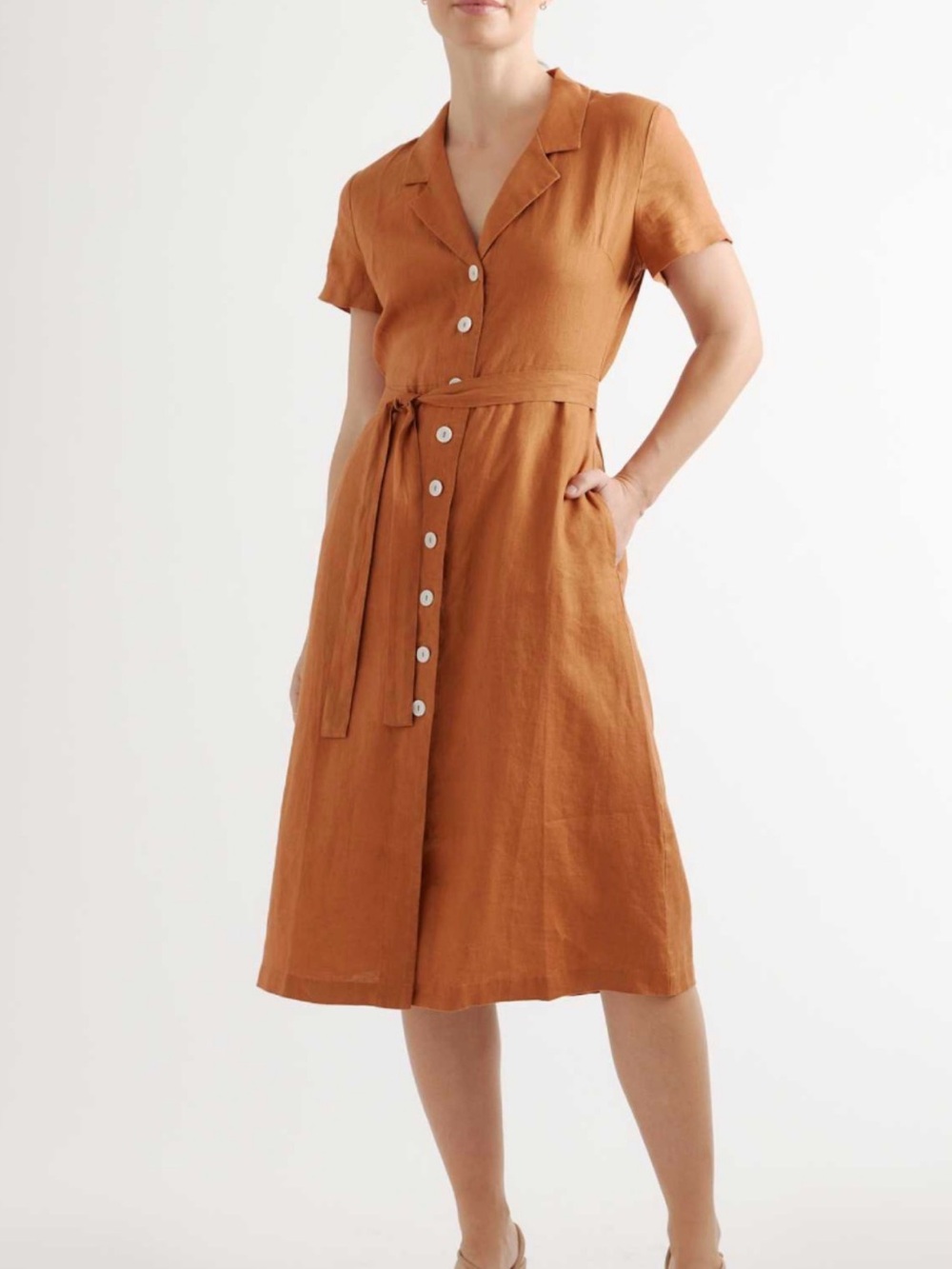 Quince linen button front midi dress terracotta rust orange medium NWT NEW